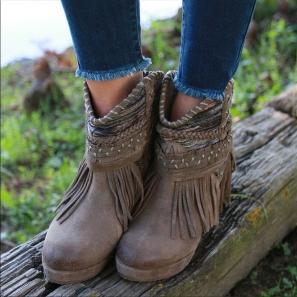 naughty monkey Shoes - Taupe Boho Wedge Bootie with Fringe Detail